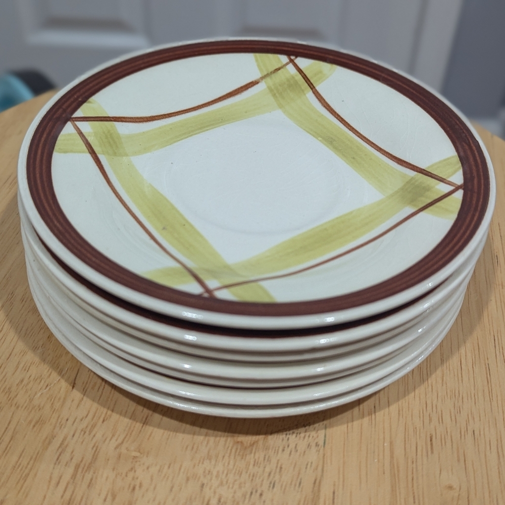 Vintage Signed Edwin Knowles 7 Plaid Tea Cup Saucers. 5.75"